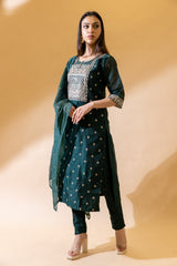 Bottle Green Chanderi Cotton Readymade Suit With Cotton Dupatta