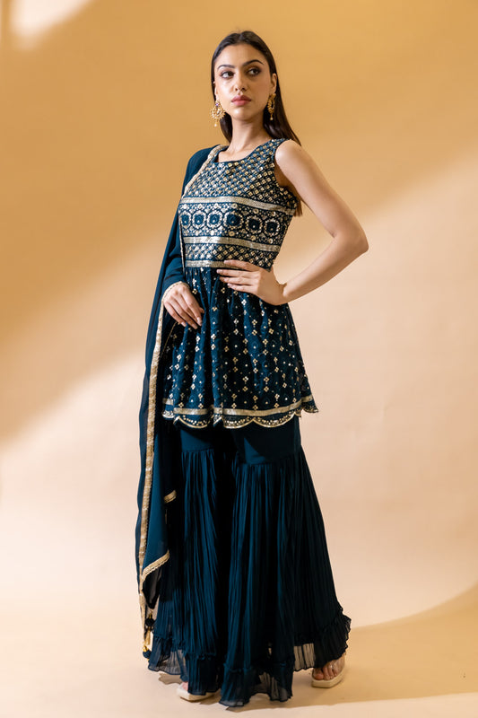 Peacock Georgette Readymade Sharara Set With Georgette Dupatta