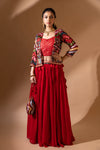 Red Georgette Short Top Lehenga Set With Readymade Blouse