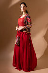 Red Georgette Short Top Lehenga Set With Readymade Blouse