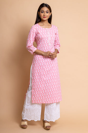 Pink Floral Printed Cotton Readymade Long Kurta