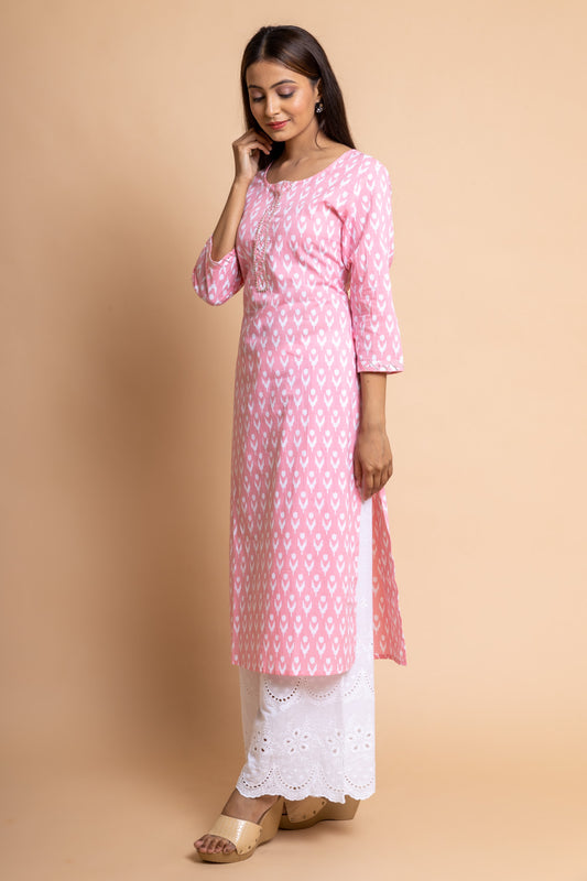 Pink Floral Printed Cotton Readymade Long Kurta