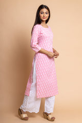 Pink Floral Printed Cotton Long Kurta