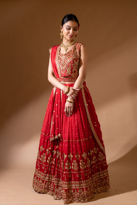 Red  Bandhani Print, Cutdana, Dabka & Mirror Georgette Lehenga Set With Readymade Lehenga