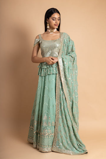 Mint Green Georgette Lehenga Set With Readymade Blouse