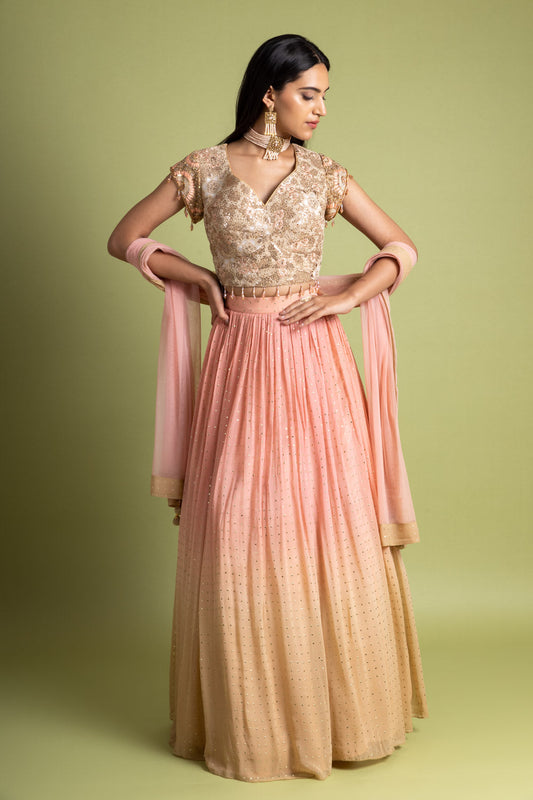 Peach Tussar Georgette Lehenga Set With Readymade Blouse