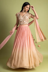 Peach Tussar Georgette Lehenga Set With Readymade Blouse