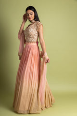 Peach Tussar Georgette Lehenga Set With Readymade Blouse