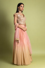 Peach Tussar Georgette Lehenga Set With Readymade Blouse