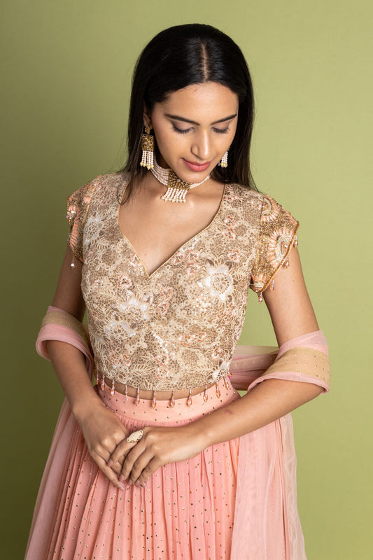 Peach Tussar Georgette Lehenga Set With Readymade Blouse