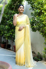 Lemon Gold Exquisite Chiffon Swarovski Saree With Unstitched Blouse