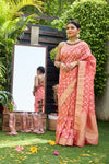 Coral Organza Banarasi Woven Zari Saree With Unstitched Blouse