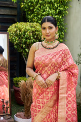 Coral Organza Banarasi Woven Zari Saree With Unstitched Blouse