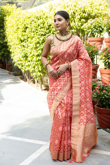 Coral Organza Banarasi Woven Zari Saree With Unstitched Blouse