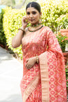 Coral Organza Banarasi Woven Zari Saree With Unstitched Blouse