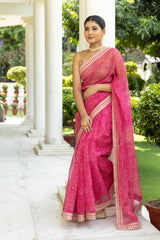 Gajari Organza Embroidered Saree With Unstitched Blouse