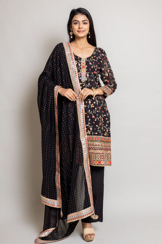 Black Georgette Readymade Suit And Palazzo With Georgette Dupatta