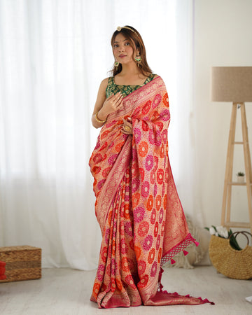 Orange Rani Satin Banarasi Woven Zari Saree With Unstitched Blouse (Ft:-Arti Chauhan)