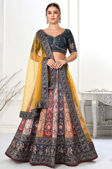 Mustard Swarovski & Digital Print Satin Silk Lehenga Set With Unstitched Blouse