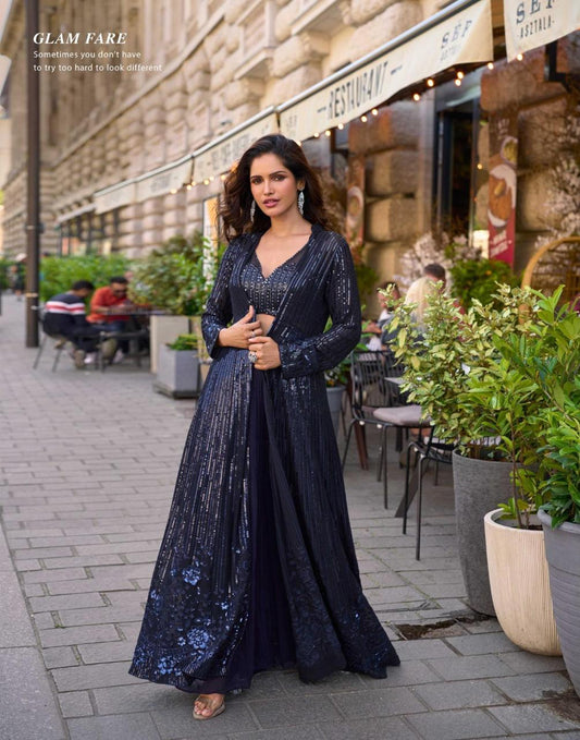Navy Blue Georgette Short Top Sharara Set With Shrug