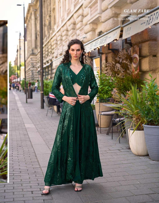 Bottle Green Georgette Short Top Sharara Set With Shrug
