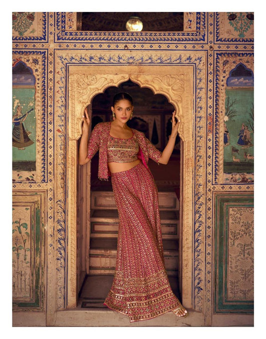 Rani Georgette Short Top Sharara Set With Shrug