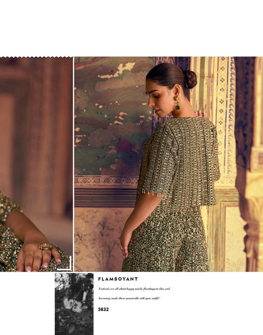 Bottle Green Georgette Short Top Sharara Set With Shrug