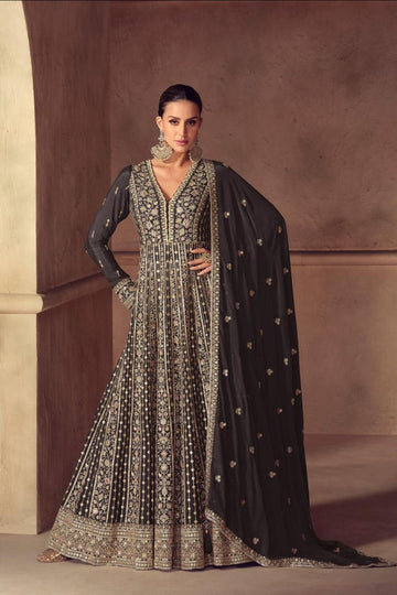 Black Chinon Floor Length Readymade Suit With Chinon Dupatta