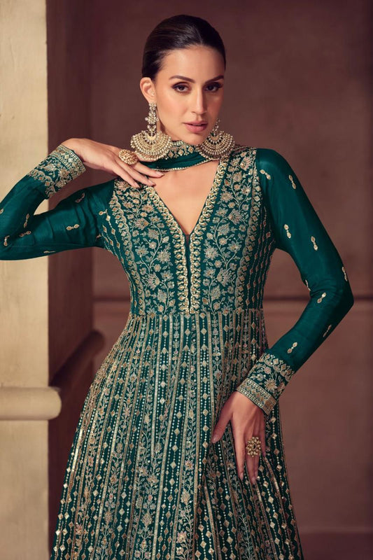Bottle Green Chinon Floor Length Readymade Suit With Chinon Dupatta