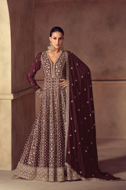 Garnet Chinon Floor Length Readymade Suit With Chinon Dupatta