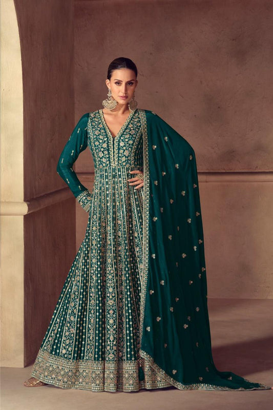 Bottle Green Chinon Floor Length Readymade Suit With Chinon Dupatta