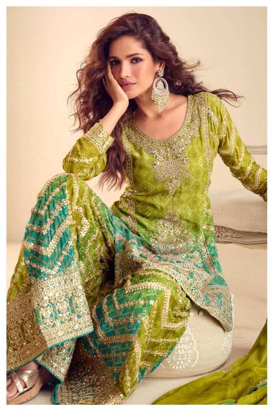 Pista Chinon Readymade Sharara Set With Chinon Dupatta