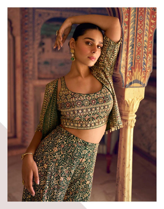 Bottle Green Georgette Short Top Sharara Set With Shrug