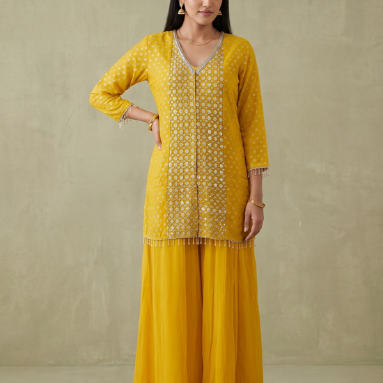 Golden Hour Mango Gold Georgette Readymade Kurta And Sharara Set - hero