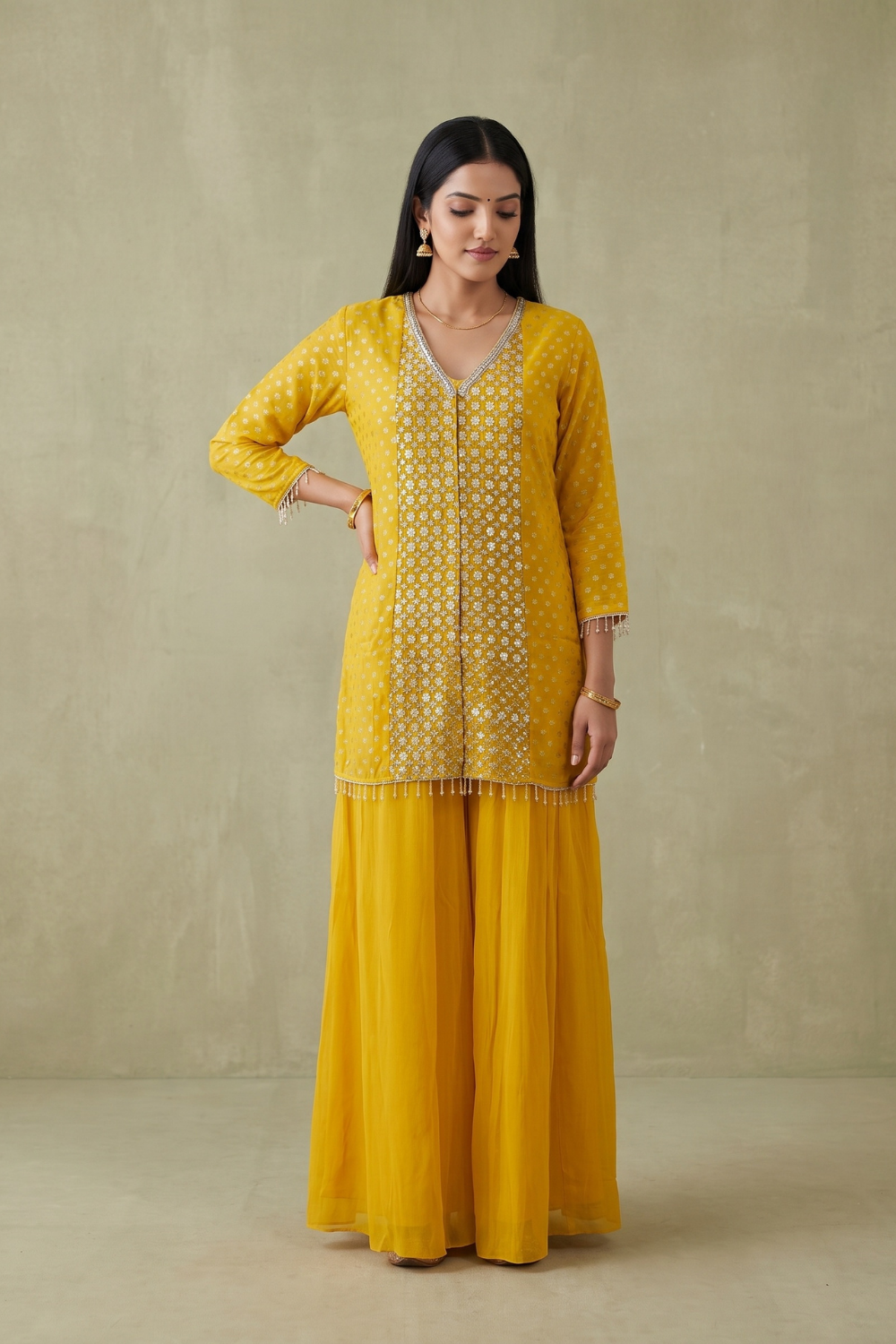 Golden Hour Mango Gold Georgette Readymade Kurta And Sharara Set - hero