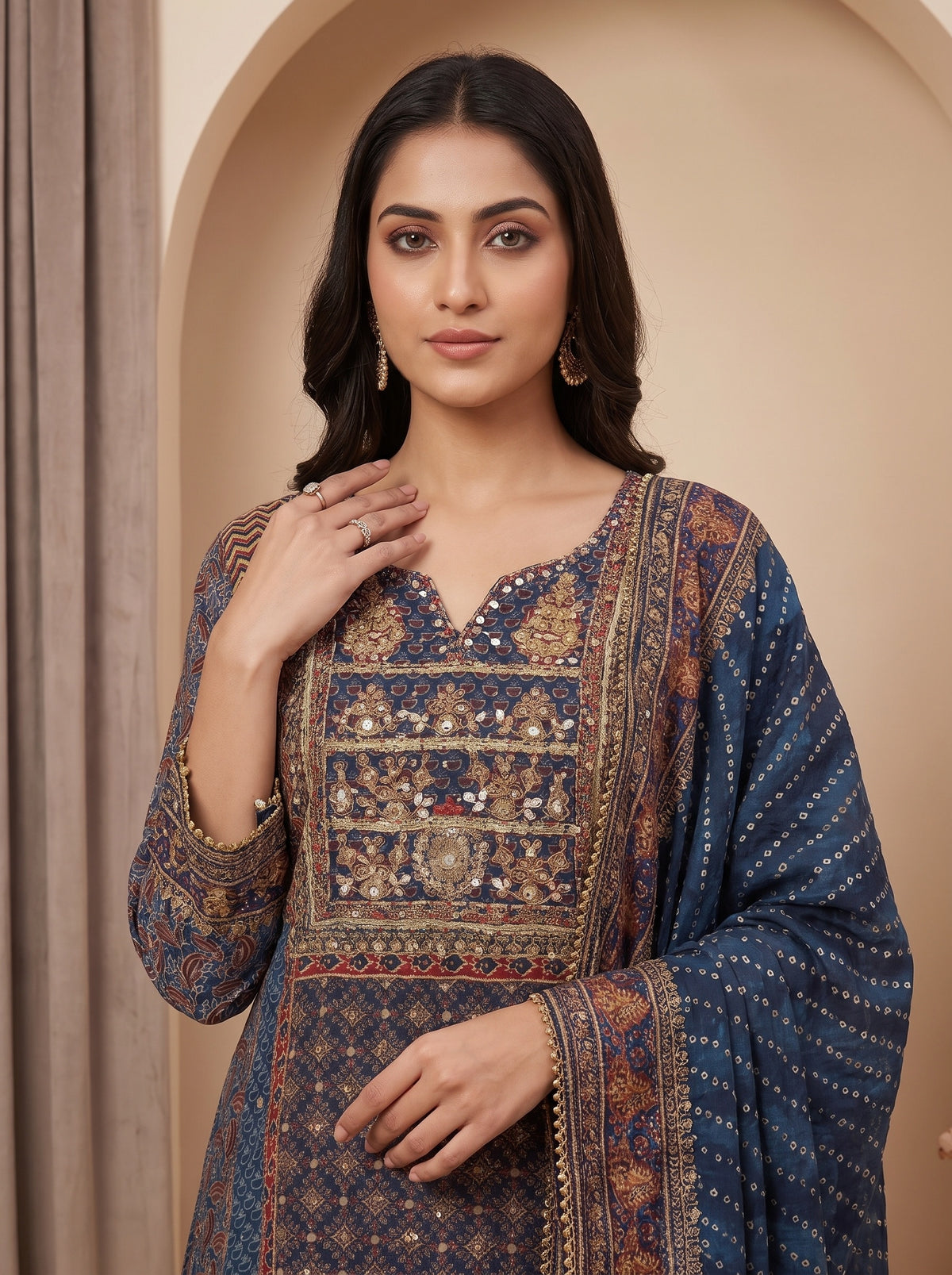 Indigo Muse Grey Crepe Readymade Printed Kurta And Palazzo With Dupatta - closeup