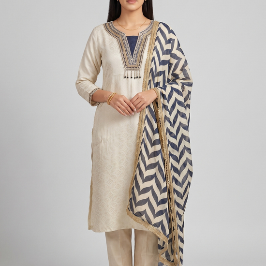 Monochrome Muse Tussar Shimmer Readymade Kurta And Pant With Tissue Dupatta - hero