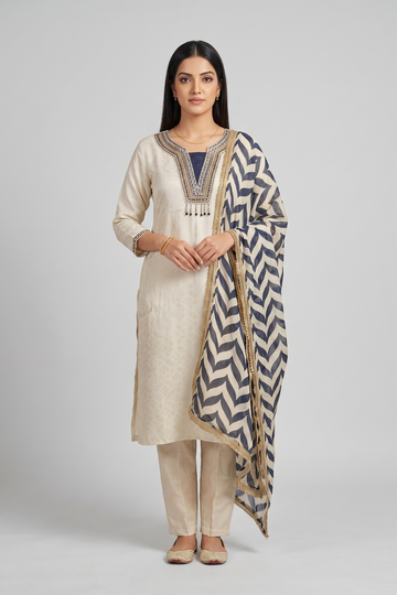 Monochrome Muse Tussar Shimmer Readymade Kurta And Pant With Tissue Dupatta - hero