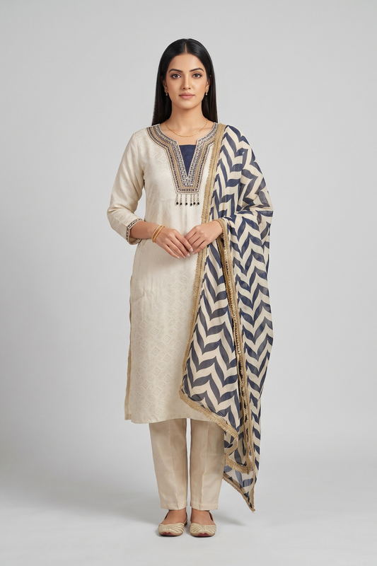 Monochrome Muse Tussar Shimmer Readymade Kurta And Pant With Tissue Dupatta - hero