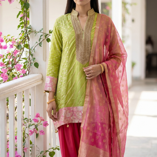Citrus Bloom Pista Coral Chinon Readymade Suit And Salwar With Chinon Dupatta - hero