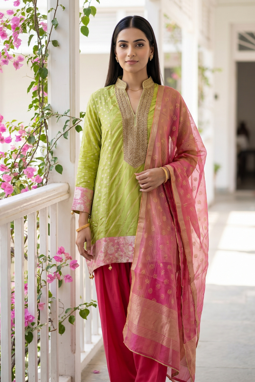 Citrus Bloom Pista Coral Chinon Readymade Suit And Salwar With Chinon Dupatta - hero