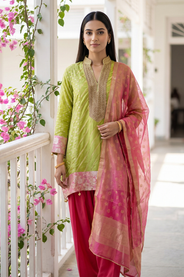 Citrus Bloom Pista Coral Chinon Readymade Suit And Salwar With Chinon Dupatta - hero