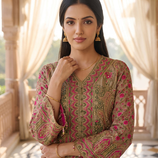 Cocoa Bloom Chikoo Crepe Readymade Suit - closeup