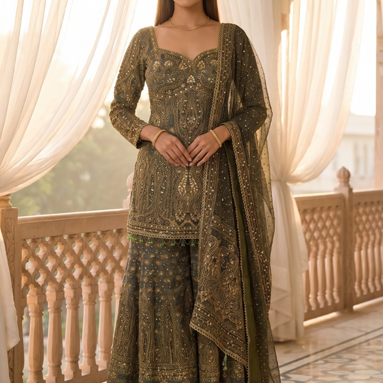 Mehndi Raag Green Crepe Readymade Heavy Embroidered Sharara Set With Dupatta - hero
