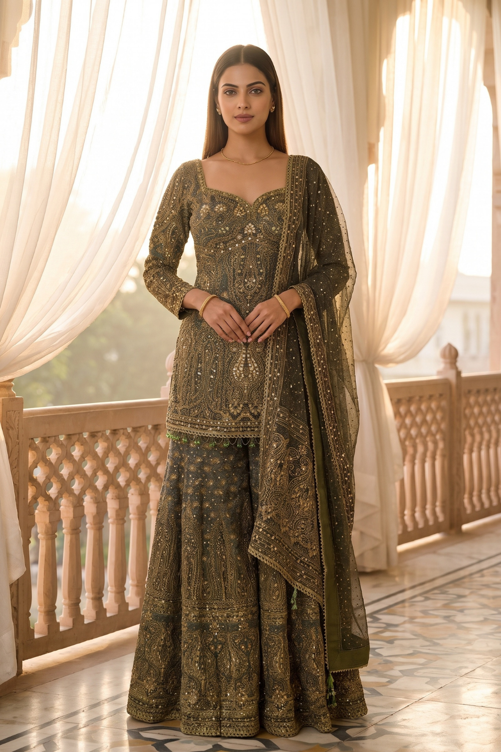 Mehndi Raag Green Crepe Readymade Heavy Embroidered Sharara Set With Dupatta - hero