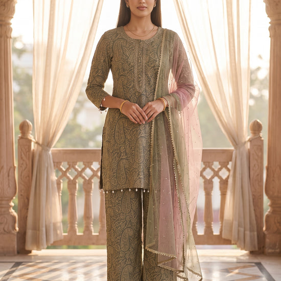 Quiet Luxe Grey Georgette Readymade Suit And Pant With Georgette Dupatta - hero