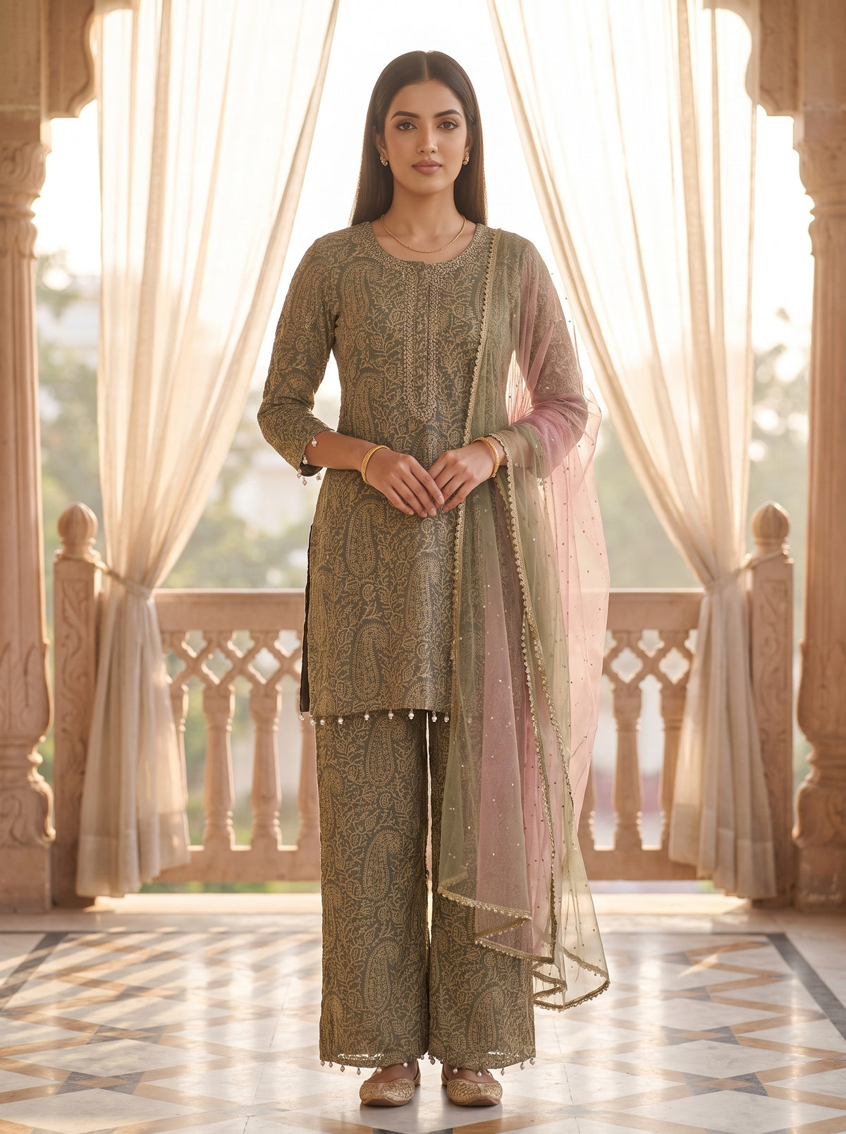 Quiet Luxe Grey Georgette Readymade Suit And Pant With Georgette Dupatta - hero