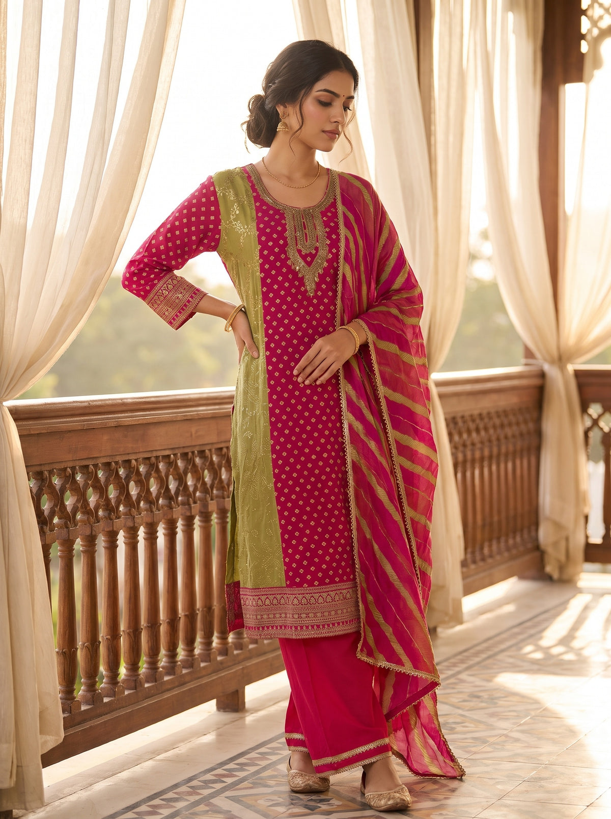 Rangeela Rani Pista Georgette Readymade Suit And Pant With Leheriya Dupatta - mood