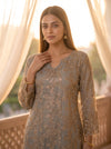 Sage Glow Olive Shimmer Readymade Kurta And Pant Set With Tissue Dupatta - closeup