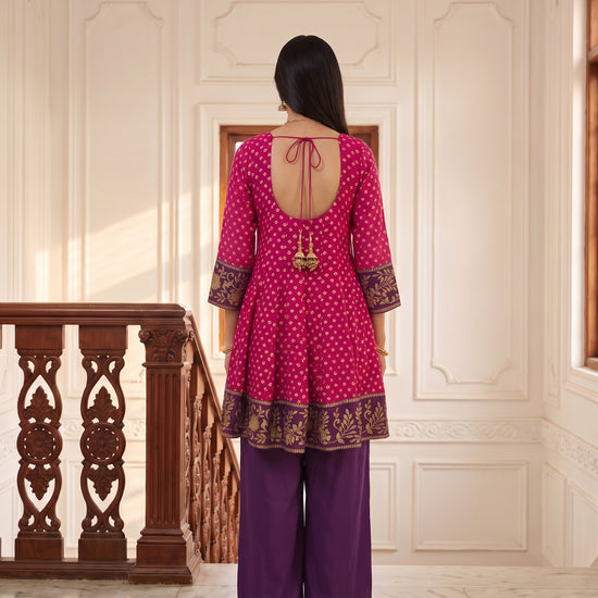 Magenta Mela Rani Chinon Readymade Peplum Suit And Palazzo With Net Dupatta - back